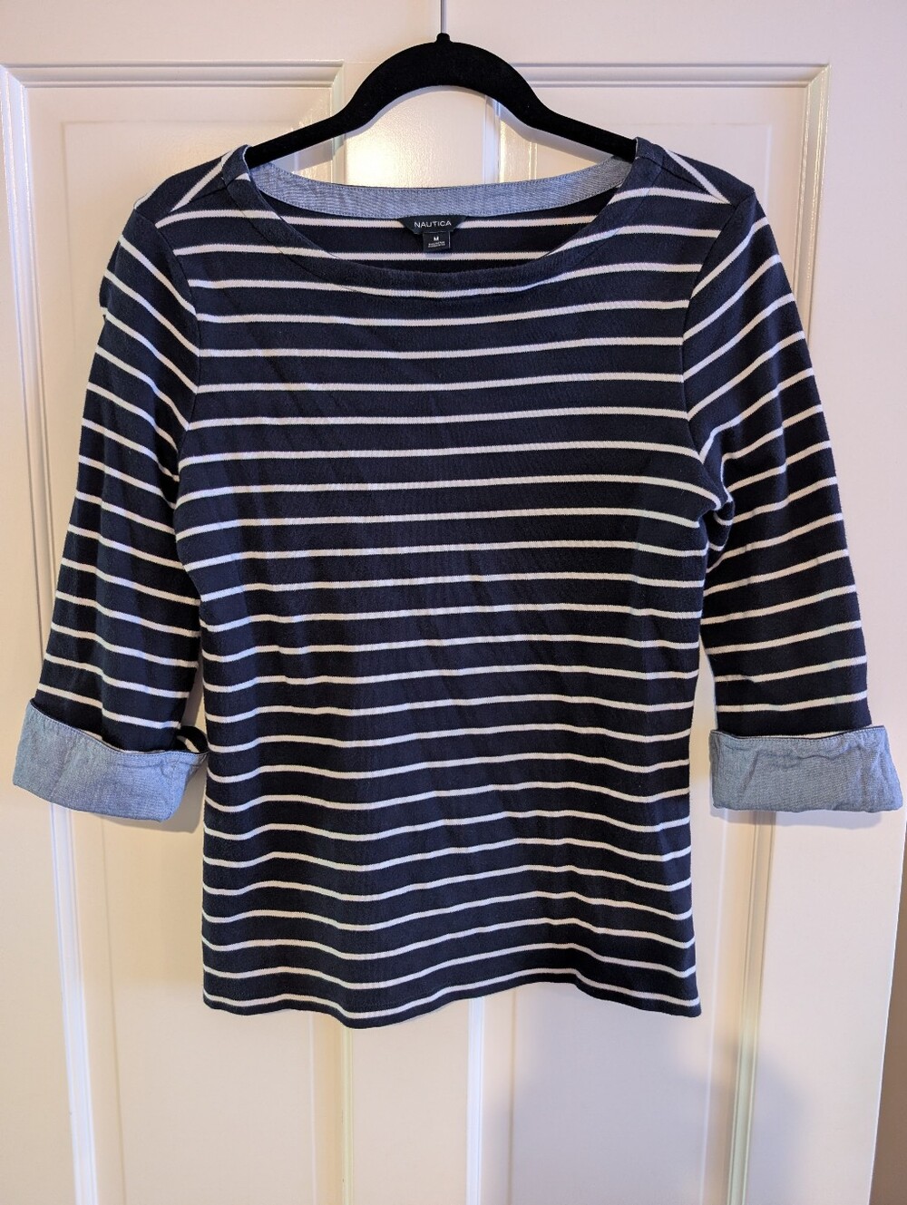 Nautica Women's Navy and White Striped Boatneck Top